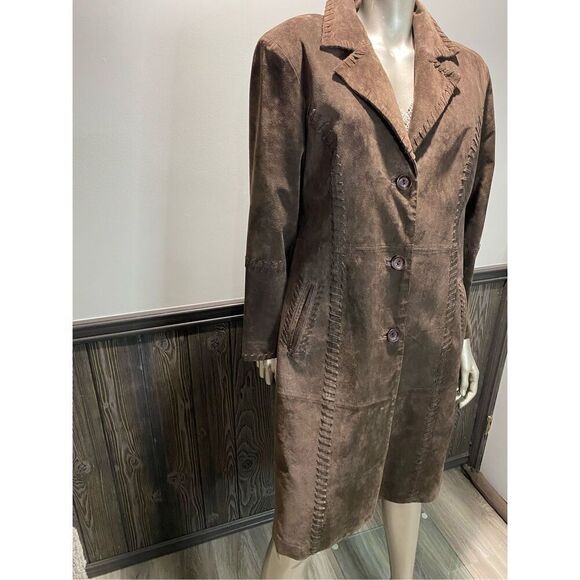 L, Nancy Bolen City Girl Boho suede knee length coat with whip stitch detail. - Picture 6 of 10